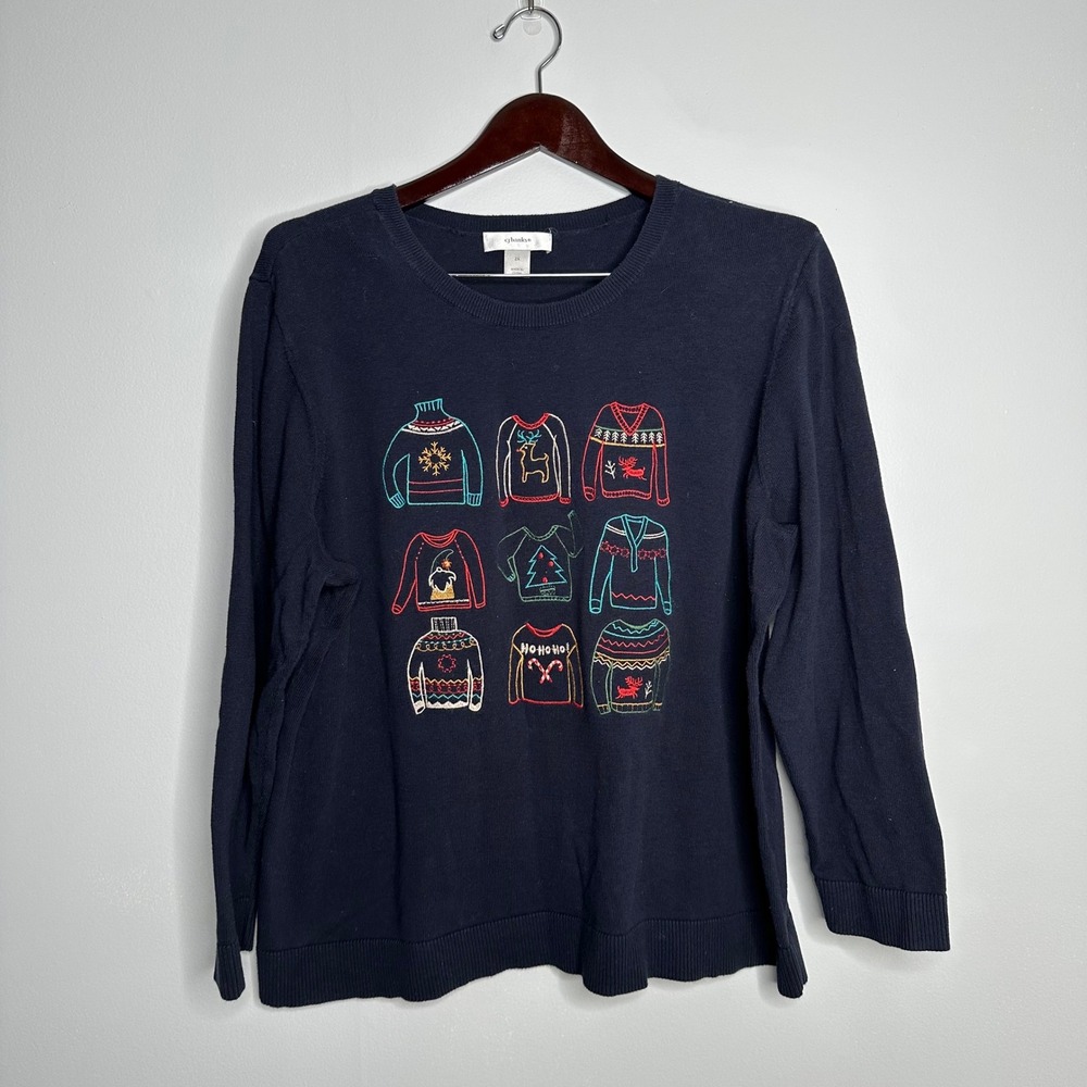 CJ Banks Christmas Sweater‎ Women 2X Navy Blue EUC Embroidered Ugly Sweaters